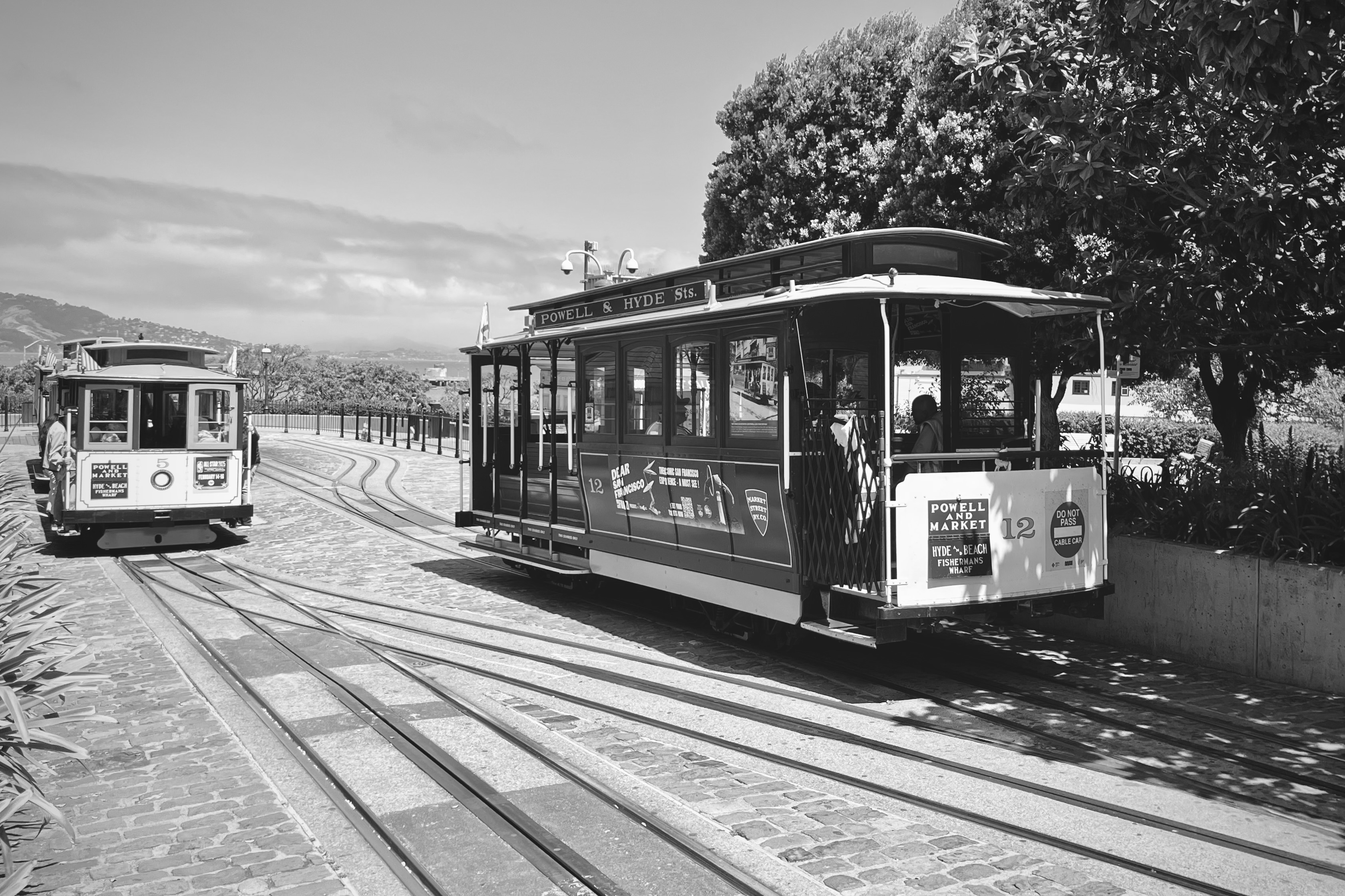 Cable cars at the Aquatic Park end of the Powell & Hide line.