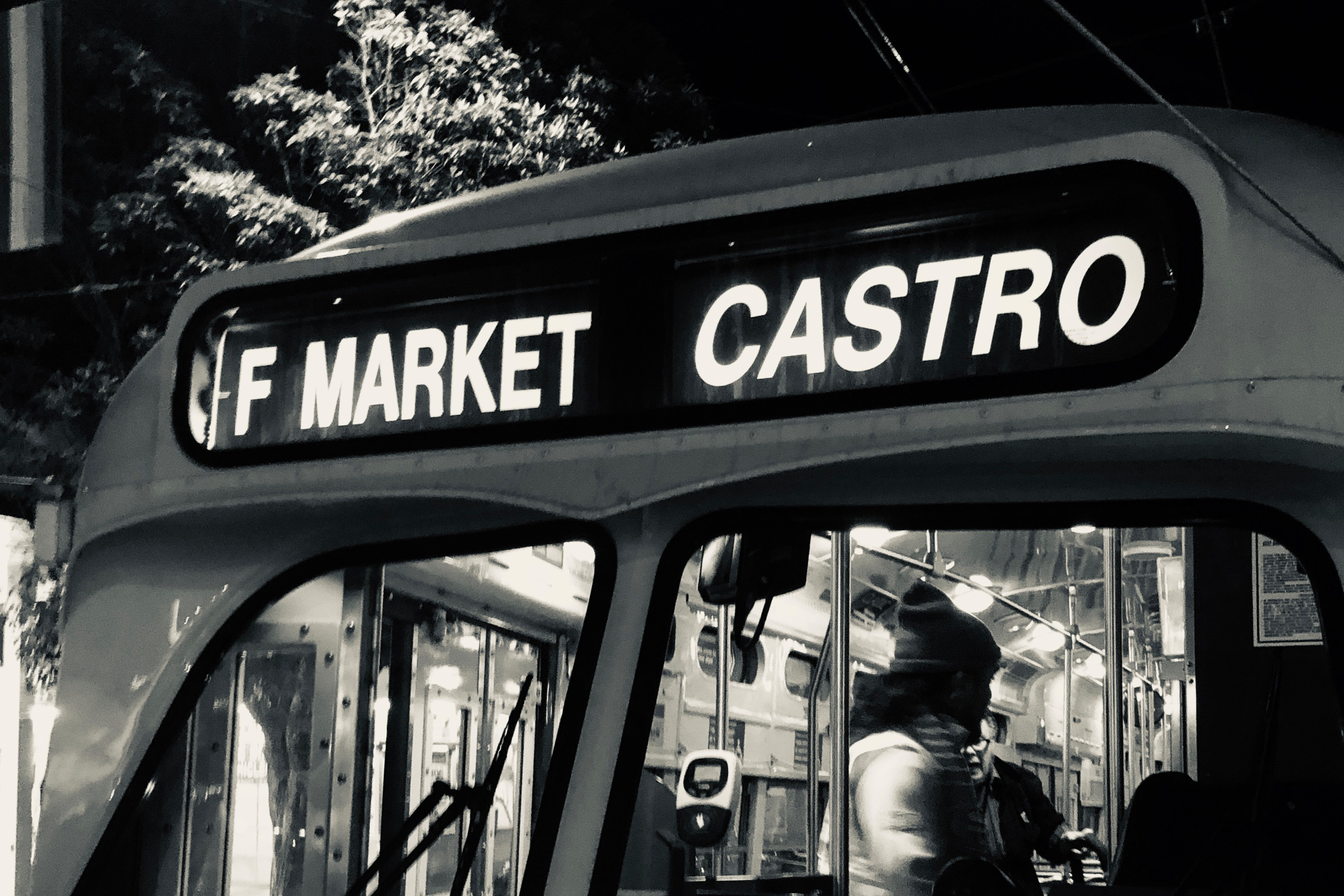 A PCC streetcar on the F-Market & Wharves line bound for Castro.