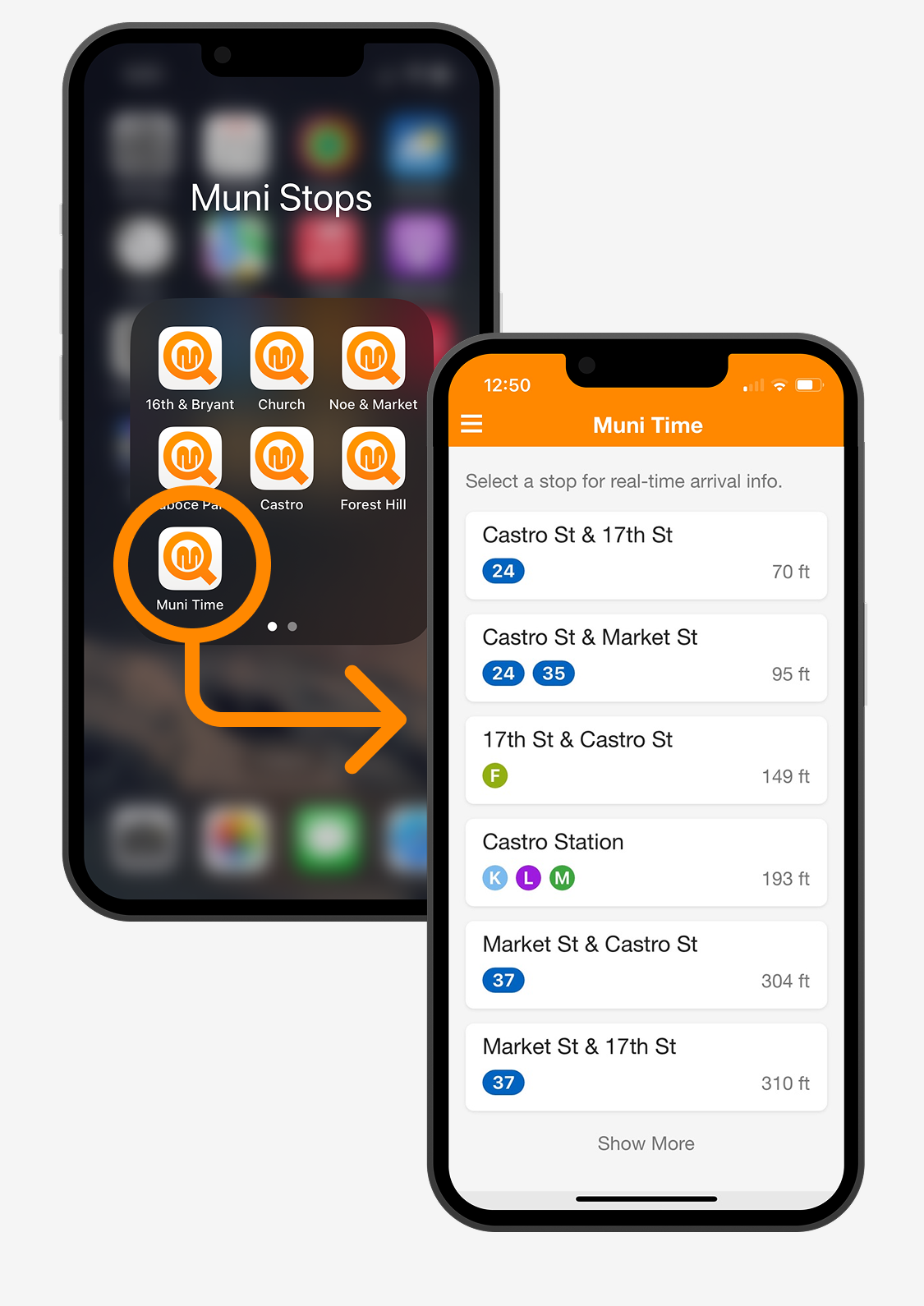 Muni Time showing nearby stops